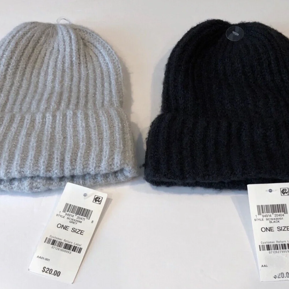 (NWT) 2 Style&Co Women's Black & Gray Ribbed Cuffed Stretch Beanie Hats OS